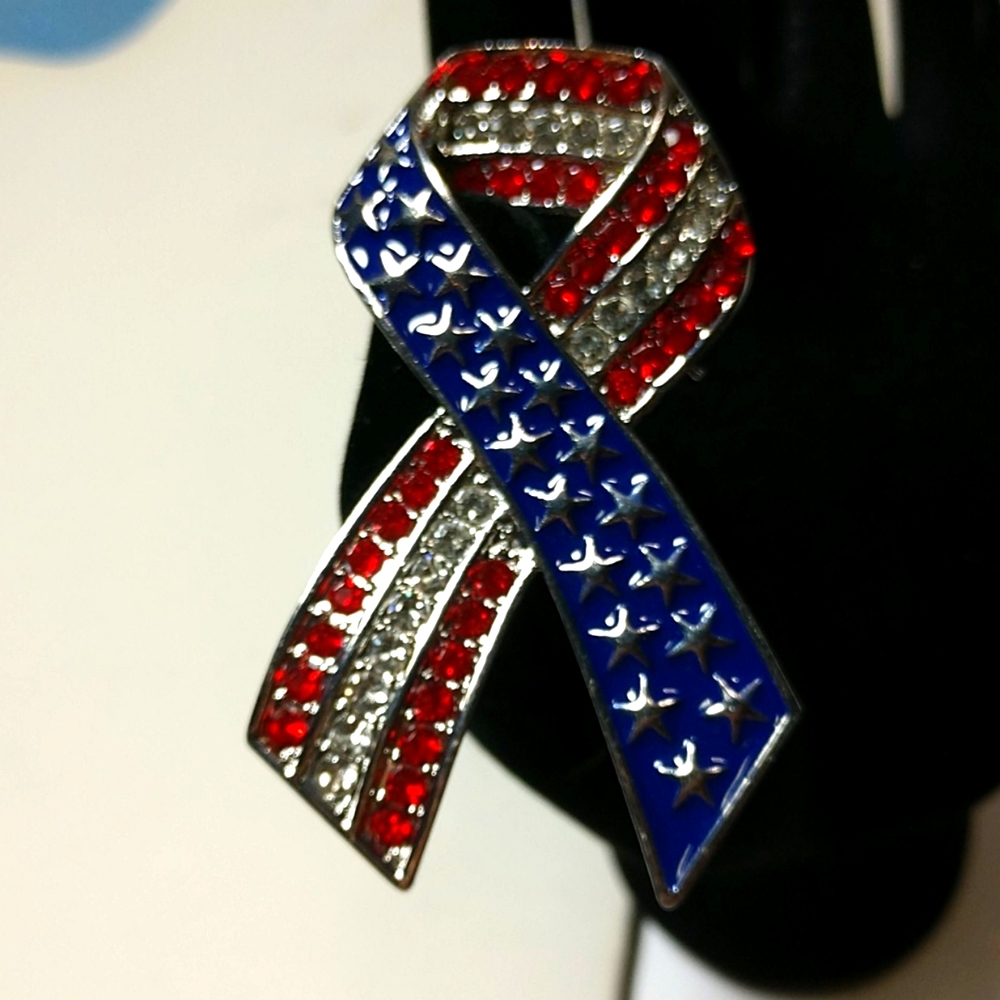 Beautiful Brooch Silver Ribbon Shape With Red Blue Clear Rhinestones 2 1/2" Tall